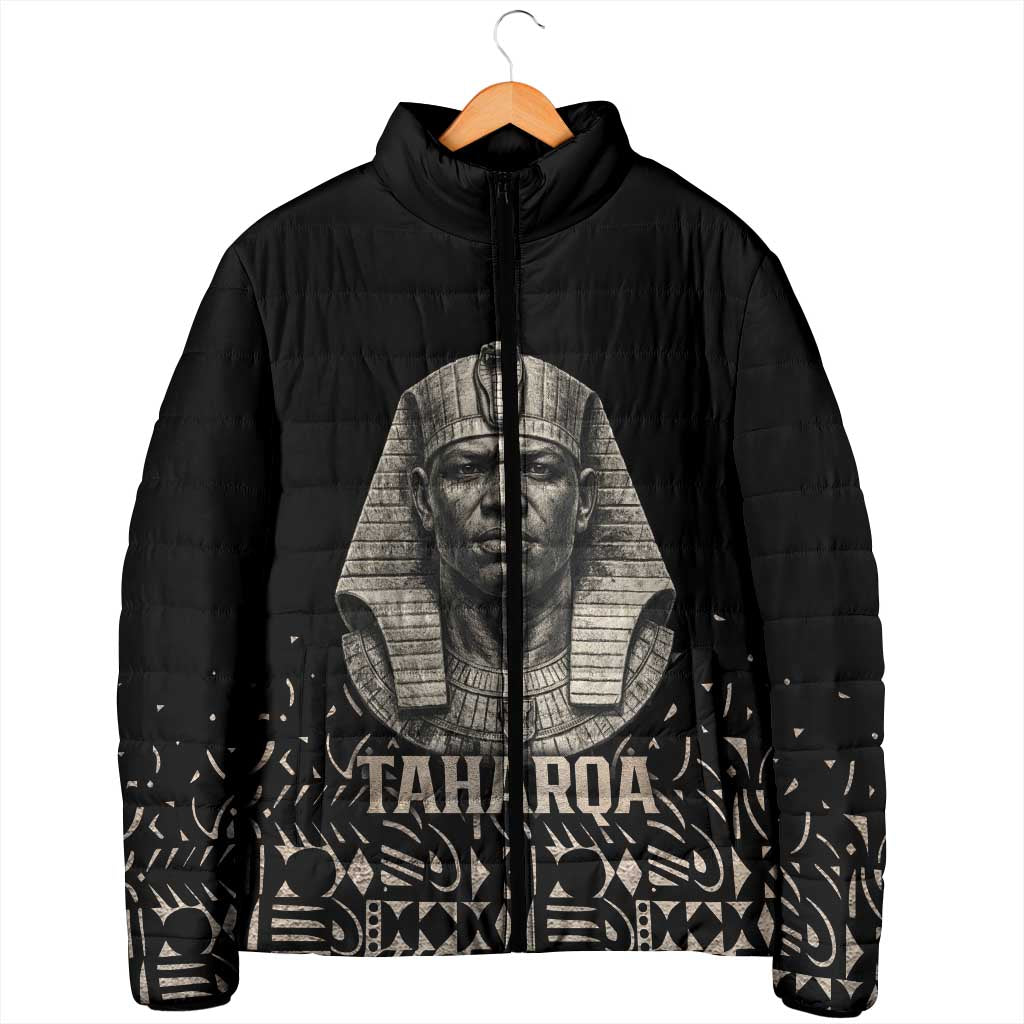 Taharqa Padded Jacket with Black Pharaoh Portrait, 25th Dynasty of Egypt Text and Nubian-Inspired - African Pride