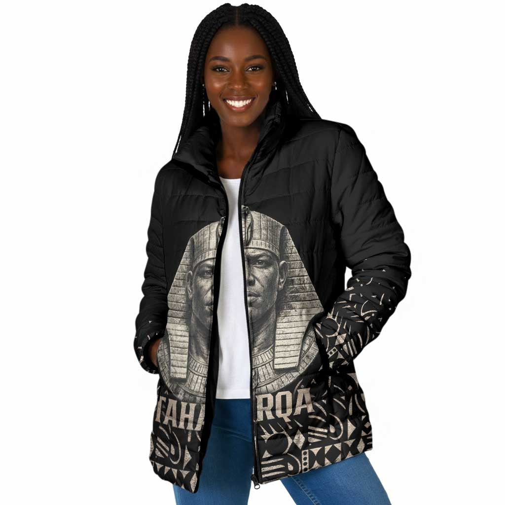 Taharqa Padded Jacket with Black Pharaoh Portrait, 25th Dynasty of Egypt Text and Nubian-Inspired - African Pride