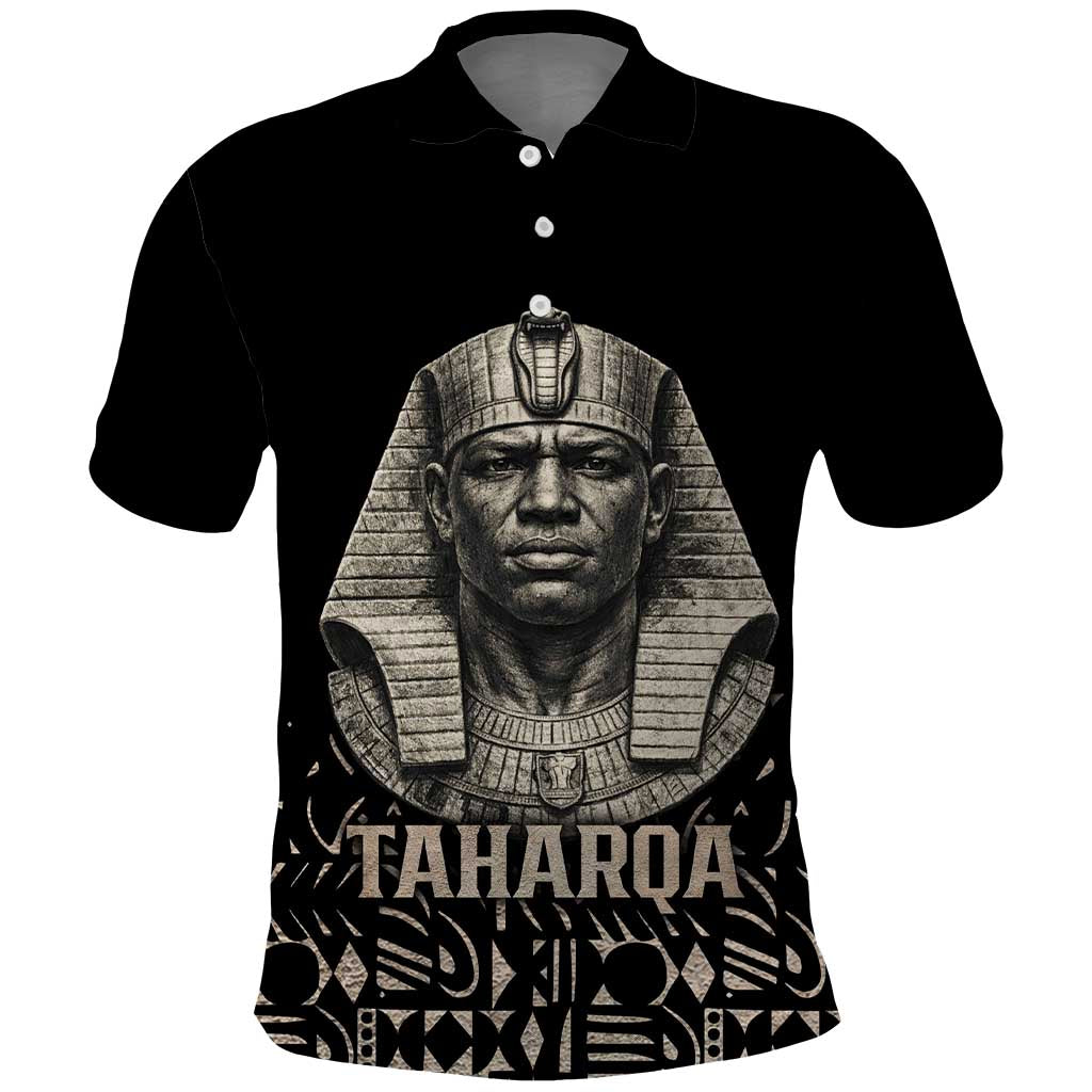 Taharqa Polo Shirt with Black Pharaoh Portrait, 25th Dynasty of Egypt Text and Nubian-Inspired - African Pride