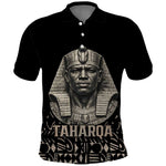Taharqa Polo Shirt with Black Pharaoh Portrait, 25th Dynasty of Egypt Text and Nubian-Inspired - African Pride