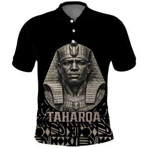 Taharqa Polo Shirt with Black Pharaoh Portrait, 25th Dynasty of Egypt Text and Nubian-Inspired - African Pride