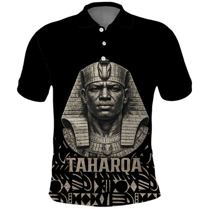 Taharqa Polo Shirt with Black Pharaoh Portrait, 25th Dynasty of Egypt Text and Nubian-Inspired - African Pride