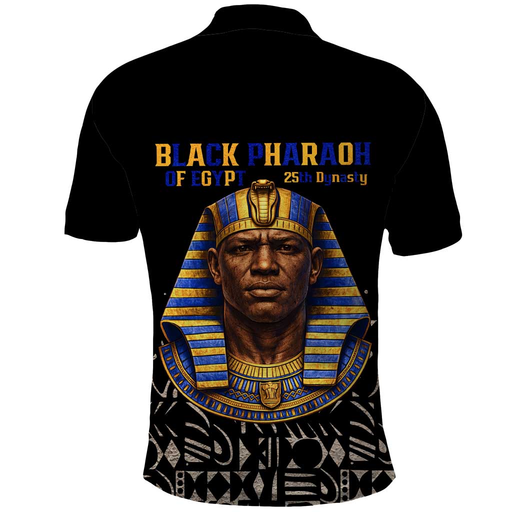 Taharqa Polo Shirt with Black Pharaoh Portrait, 25th Dynasty of Egypt Text and Nubian-Inspired - African Pride