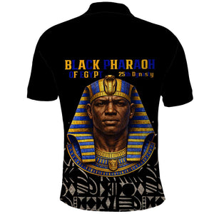 Taharqa Polo Shirt with Black Pharaoh Portrait, 25th Dynasty of Egypt Text and Nubian-Inspired - African Pride