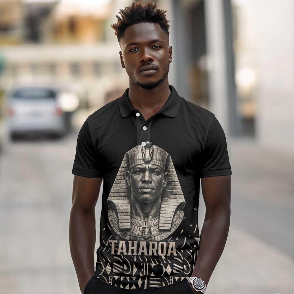 Taharqa Polo Shirt with Black Pharaoh Portrait, 25th Dynasty of Egypt Text and Nubian-Inspired - African Pride