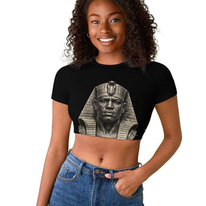 Taharqa Raglan Cropped T shirt with Black Pharaoh Portrait, 25th Dynasty of Egypt Text and Nubian-Inspired - African Pride