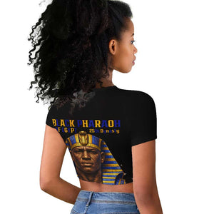 Taharqa Raglan Cropped T shirt with Black Pharaoh Portrait, 25th Dynasty of Egypt Text and Nubian-Inspired - African Pride
