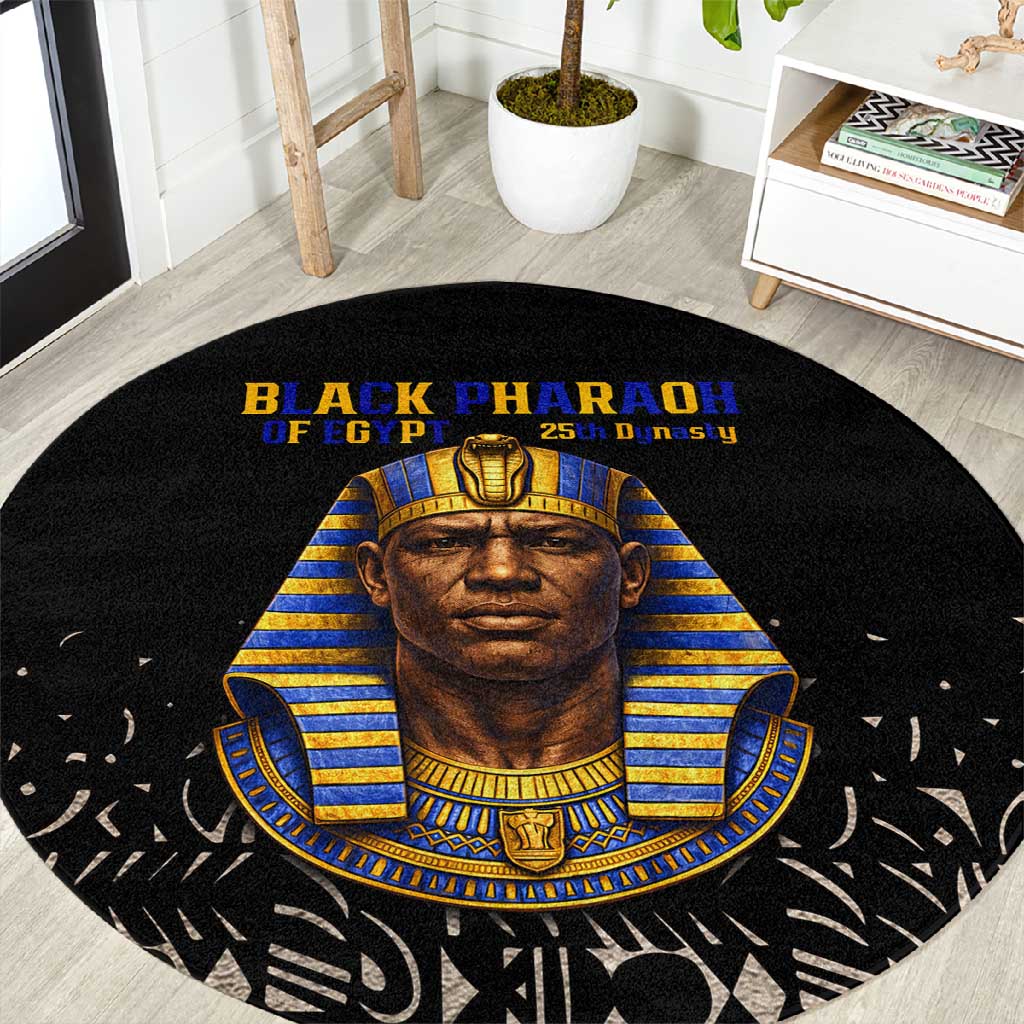 Taharqa Round Carpet with Black Pharaoh Portrait, 25th Dynasty of Egypt Text and Nubian-Inspired - African Pride