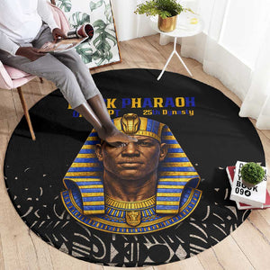 Taharqa Round Carpet with Black Pharaoh Portrait, 25th Dynasty of Egypt Text and Nubian-Inspired - African Pride
