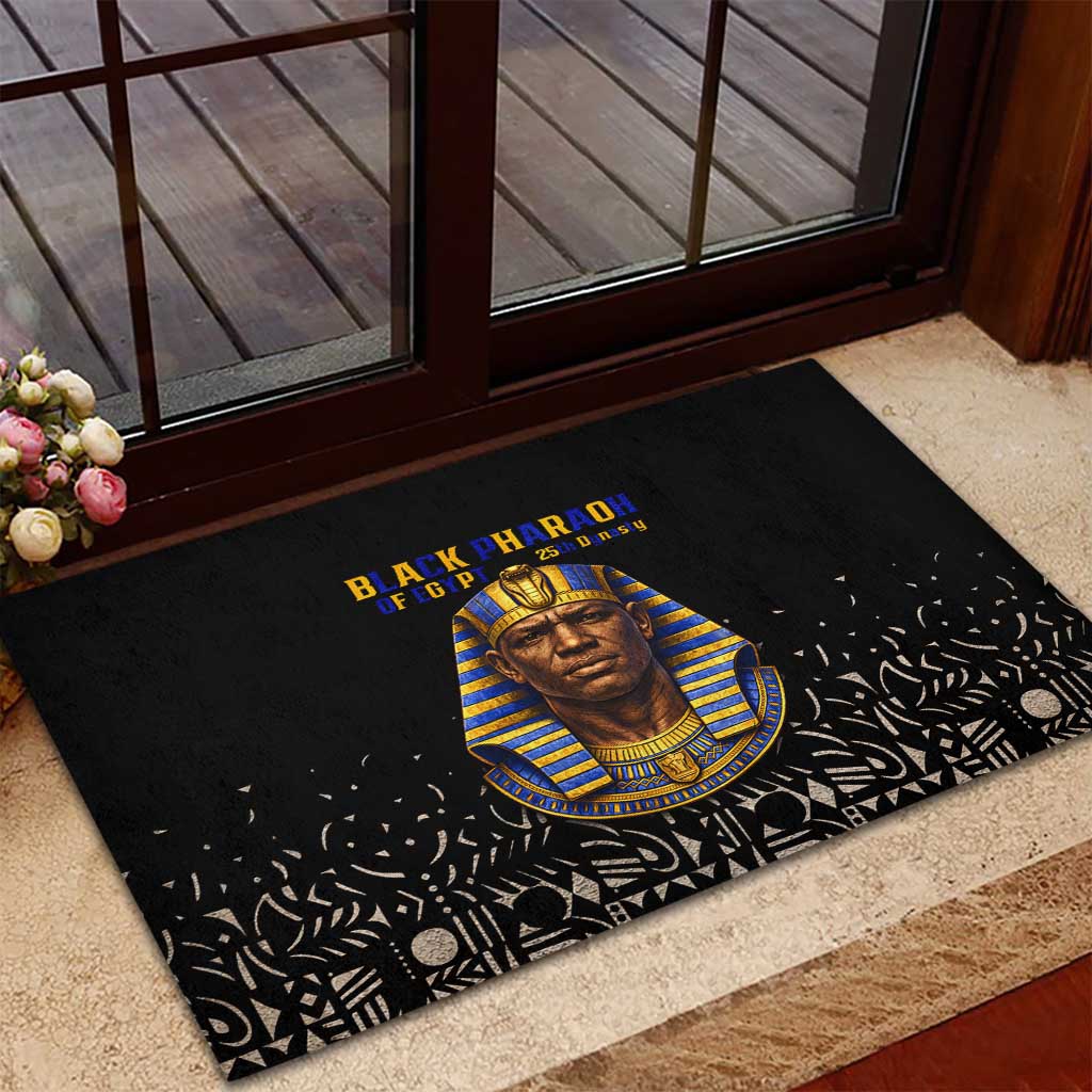 Taharqa Rubber Doormat with Black Pharaoh Portrait, 25th Dynasty of Egypt Text and Nubian-Inspired - African Pride