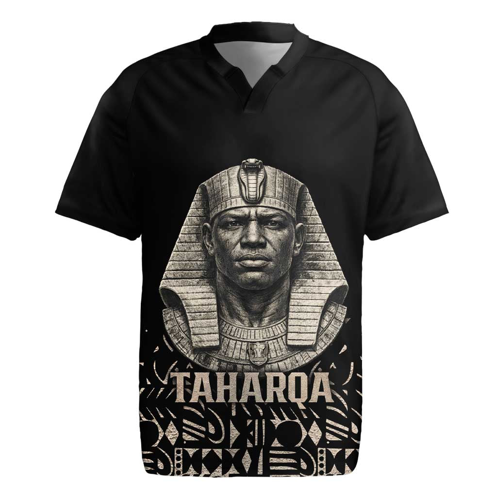 Taharqa Rugby Jersey with Black Pharaoh Portrait, 25th Dynasty of Egypt Text and Nubian-Inspired - African Pride