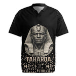Taharqa Rugby Jersey with Black Pharaoh Portrait, 25th Dynasty of Egypt Text and Nubian-Inspired - African Pride