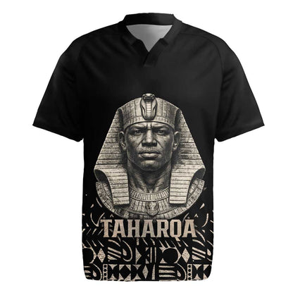 Taharqa Rugby Jersey with Black Pharaoh Portrait, 25th Dynasty of Egypt Text and Nubian-Inspired - African Pride