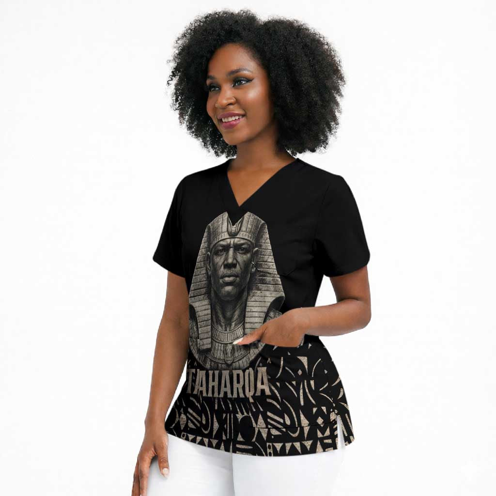 Taharqa Scrub Top with Black Pharaoh Portrait, 25th Dynasty of Egypt Text and Nubian-Inspired - African Pride