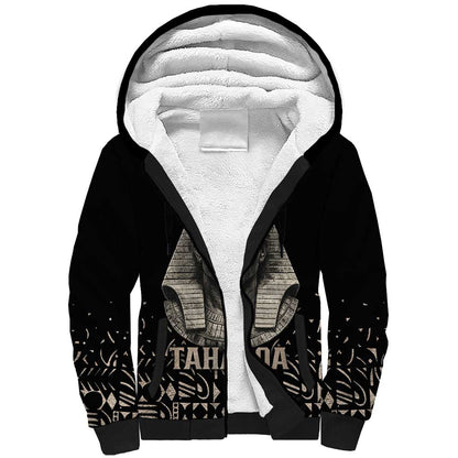 Taharqa Sherpa Hoodie with Black Pharaoh Portrait, 25th Dynasty of Egypt Text and Nubian-Inspired - African Pride