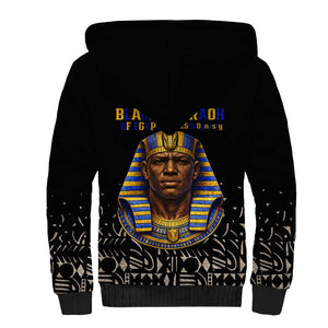 Taharqa Sherpa Hoodie with Black Pharaoh Portrait, 25th Dynasty of Egypt Text and Nubian-Inspired - African Pride