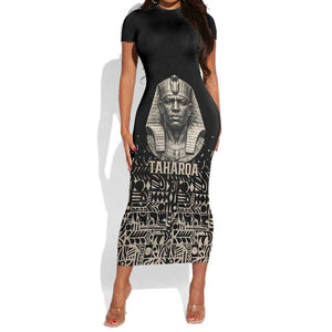 Taharqa Short Sleeve Bodycon Dress with Black Pharaoh Portrait, 25th Dynasty of Egypt Text and Nubian-Inspired - African Pride