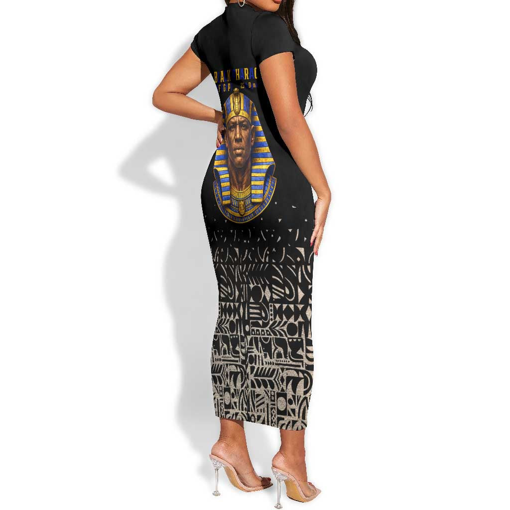 Taharqa Short Sleeve Bodycon Dress with Black Pharaoh Portrait, 25th Dynasty of Egypt Text and Nubian-Inspired - African Pride