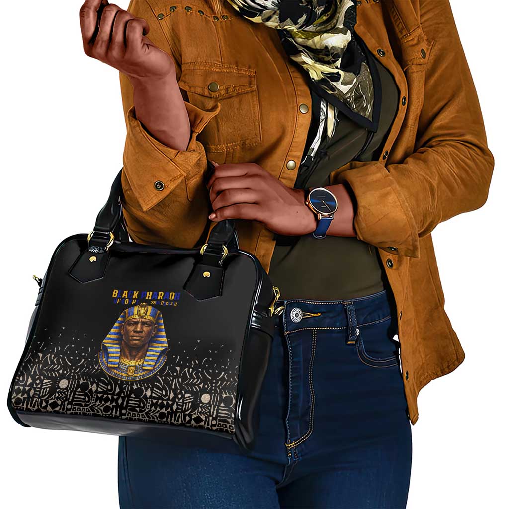 Taharqa Shoulder Handbag with Black Pharaoh Portrait, 25th Dynasty of Egypt Text and Nubian-Inspired - African Pride