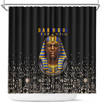 Taharqa Shower Curtain with Black Pharaoh Portrait, 25th Dynasty of Egypt Text and Nubian-Inspired - African Pride