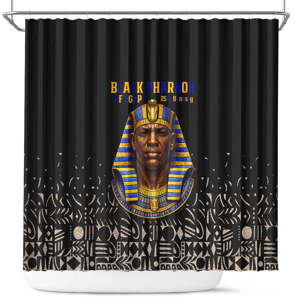 Taharqa Shower Curtain with Black Pharaoh Portrait, 25th Dynasty of Egypt Text and Nubian-Inspired - African Pride