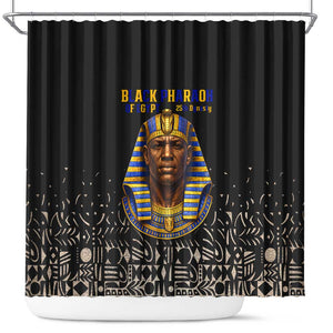 Taharqa Shower Curtain with Black Pharaoh Portrait, 25th Dynasty of Egypt Text and Nubian-Inspired - African Pride