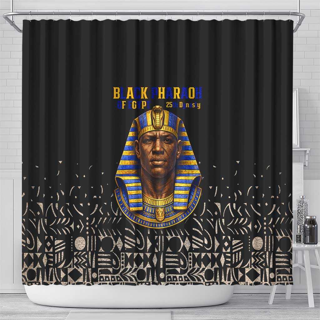 Taharqa Shower Curtain with Black Pharaoh Portrait, 25th Dynasty of Egypt Text and Nubian-Inspired - African Pride