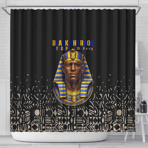 Taharqa Shower Curtain with Black Pharaoh Portrait, 25th Dynasty of Egypt Text and Nubian-Inspired - African Pride