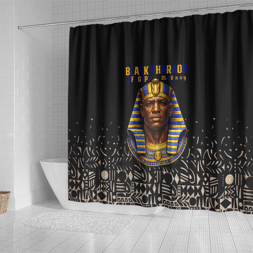 Taharqa Shower Curtain with Black Pharaoh Portrait, 25th Dynasty of Egypt Text and Nubian-Inspired - African Pride