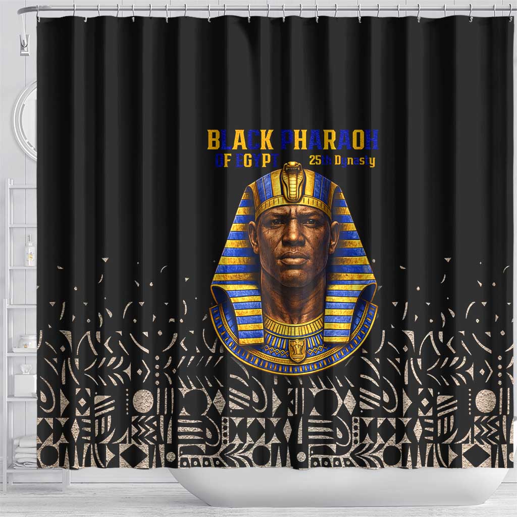 Taharqa Shower Curtain with Black Pharaoh Portrait, 25th Dynasty of Egypt Text and Nubian-Inspired - African Pride