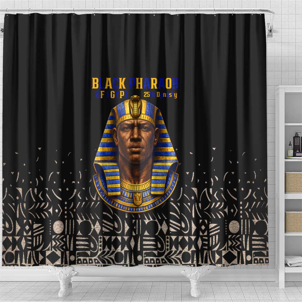 Taharqa Shower Curtain with Black Pharaoh Portrait, 25th Dynasty of Egypt Text and Nubian-Inspired - African Pride