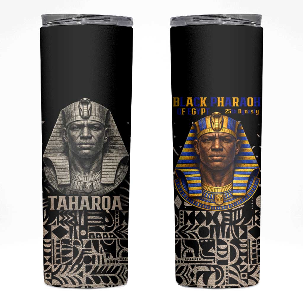 Taharqa Skinny Tumbler with Black Pharaoh Portrait, 25th Dynasty of Egypt Text and Nubian-Inspired - African Pride