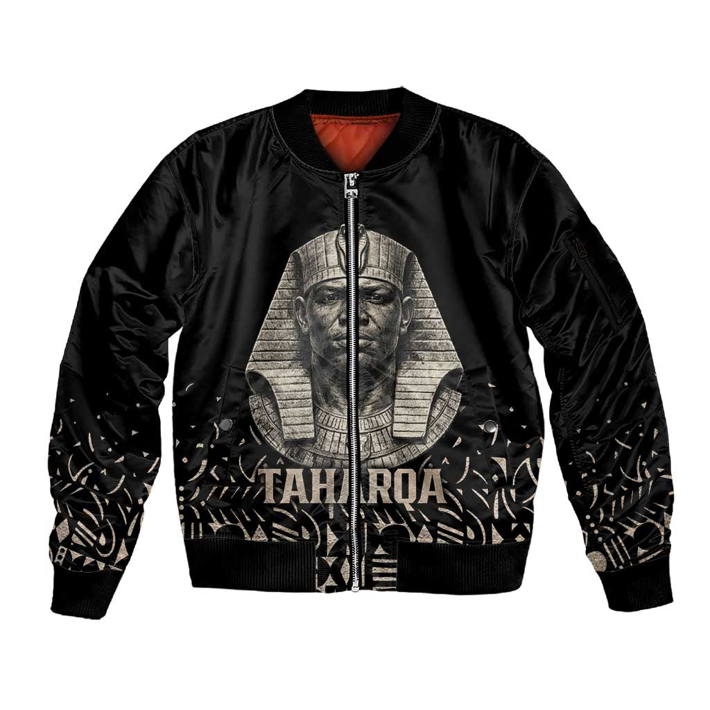 Taharqa Sleeve Zip Bomber Jacket with Black Pharaoh Portrait, 25th Dynasty of Egypt Text and Nubian-Inspired - African Pride