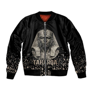 Taharqa Sleeve Zip Bomber Jacket with Black Pharaoh Portrait, 25th Dynasty of Egypt Text and Nubian-Inspired - African Pride