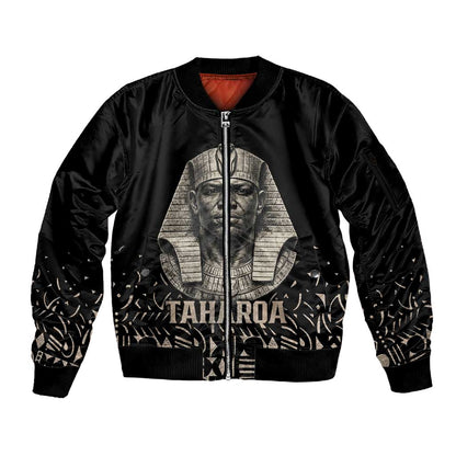 Taharqa Sleeve Zip Bomber Jacket with Black Pharaoh Portrait, 25th Dynasty of Egypt Text and Nubian-Inspired - African Pride