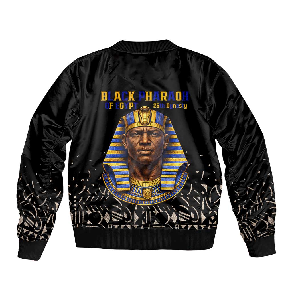 Taharqa Sleeve Zip Bomber Jacket with Black Pharaoh Portrait, 25th Dynasty of Egypt Text and Nubian-Inspired - African Pride