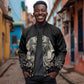 Taharqa Sleeve Zip Bomber Jacket with Black Pharaoh Portrait, 25th Dynasty of Egypt Text and Nubian-Inspired - African Pride