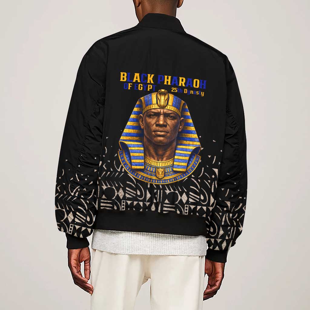 Taharqa Sleeve Zip Bomber Jacket with Black Pharaoh Portrait, 25th Dynasty of Egypt Text and Nubian-Inspired - African Pride