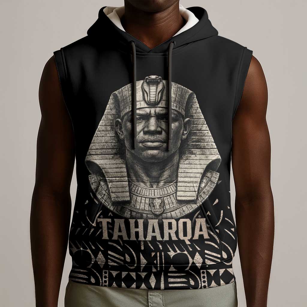 Taharqa Sleeveless Hoodie with Black Pharaoh Portrait, 25th Dynasty of Egypt Text and Nubian-Inspired - African Pride