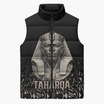 Taharqa Sleeveless Puffer Jacket with Black Pharaoh Portrait, 25th Dynasty of Egypt Text and Nubian-Inspired - African Pride