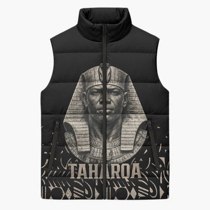 Taharqa Sleeveless Puffer Jacket with Black Pharaoh Portrait, 25th Dynasty of Egypt Text and Nubian-Inspired - African Pride