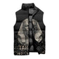Taharqa Sleeveless Puffer Jacket with Black Pharaoh Portrait, 25th Dynasty of Egypt Text and Nubian-Inspired - African Pride