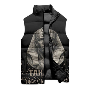 Taharqa Sleeveless Puffer Jacket with Black Pharaoh Portrait, 25th Dynasty of Egypt Text and Nubian-Inspired - African Pride