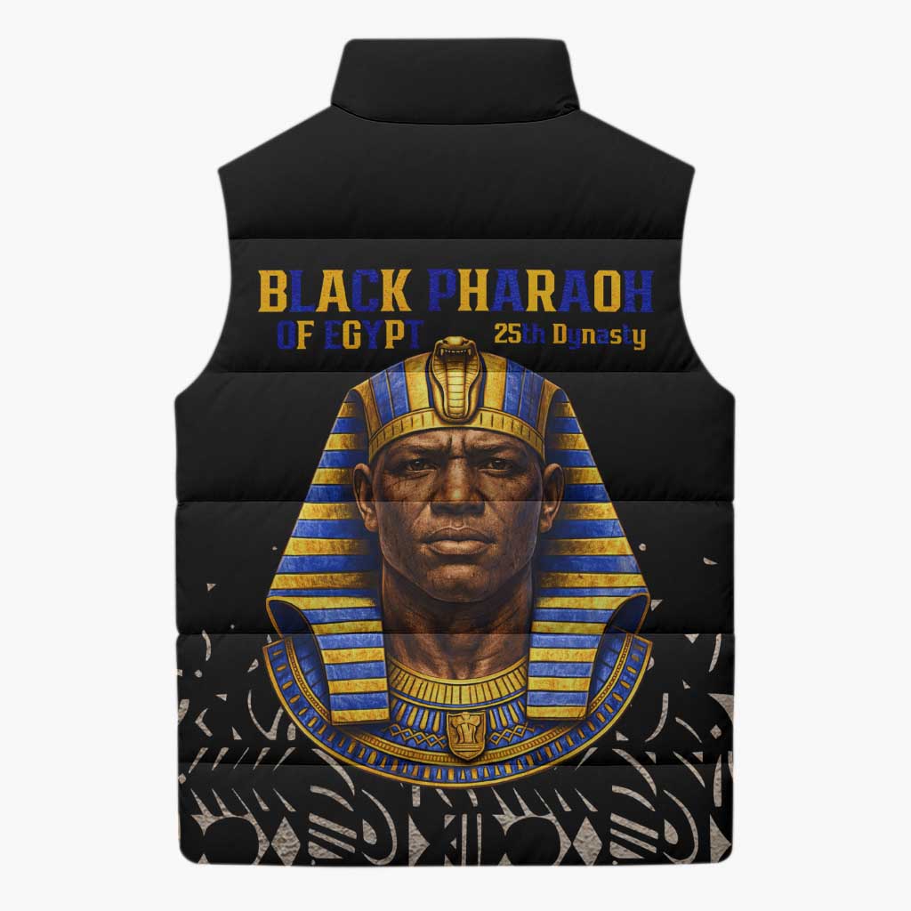Taharqa Sleeveless Puffer Jacket with Black Pharaoh Portrait, 25th Dynasty of Egypt Text and Nubian-Inspired - African Pride
