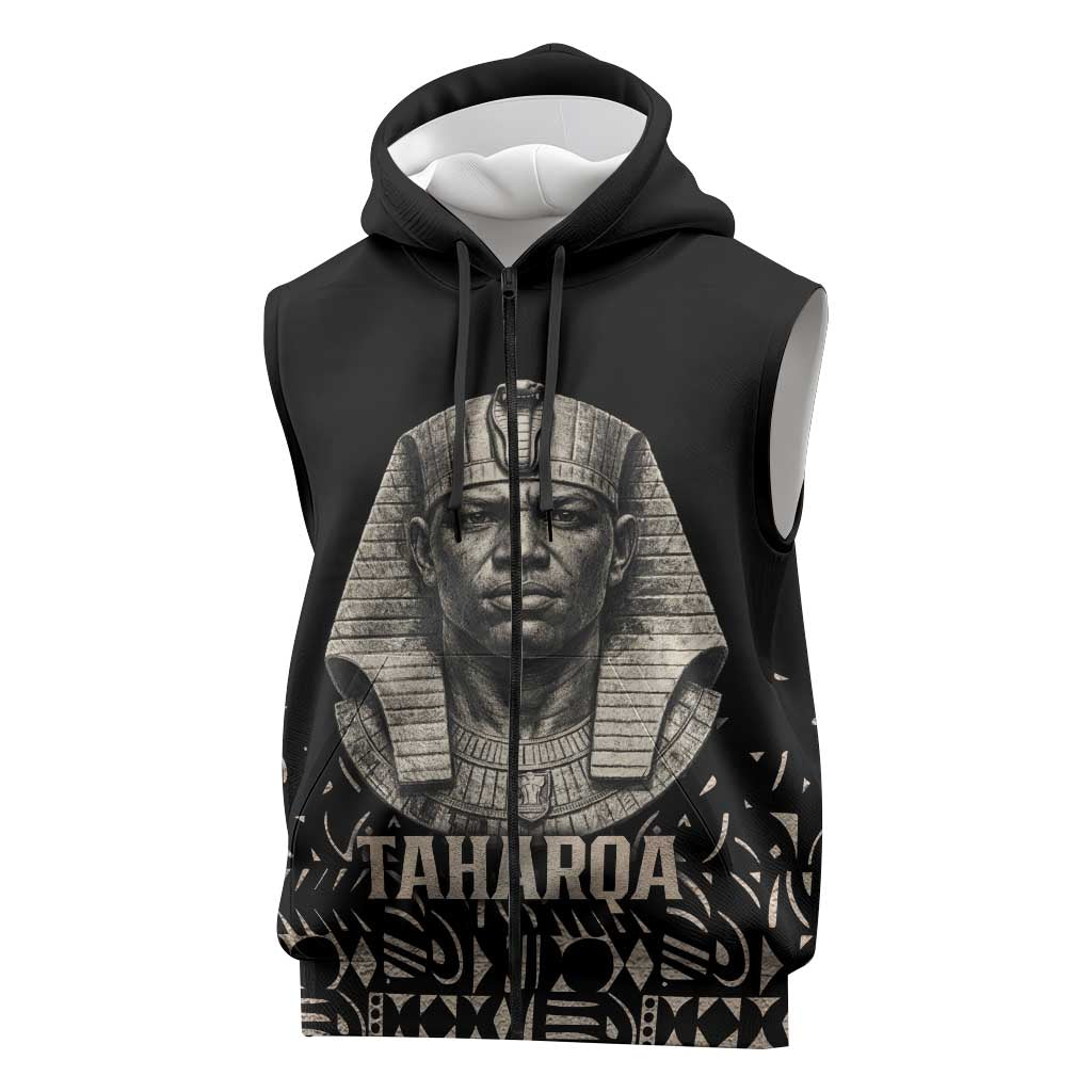 Taharqa Sleeveless Zip Hoodie with Black Pharaoh Portrait, 25th Dynasty of Egypt Text and Nubian-Inspired - African Pride