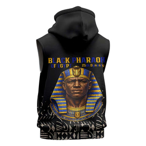 Taharqa Sleeveless Zip Hoodie with Black Pharaoh Portrait, 25th Dynasty of Egypt Text and Nubian-Inspired - African Pride