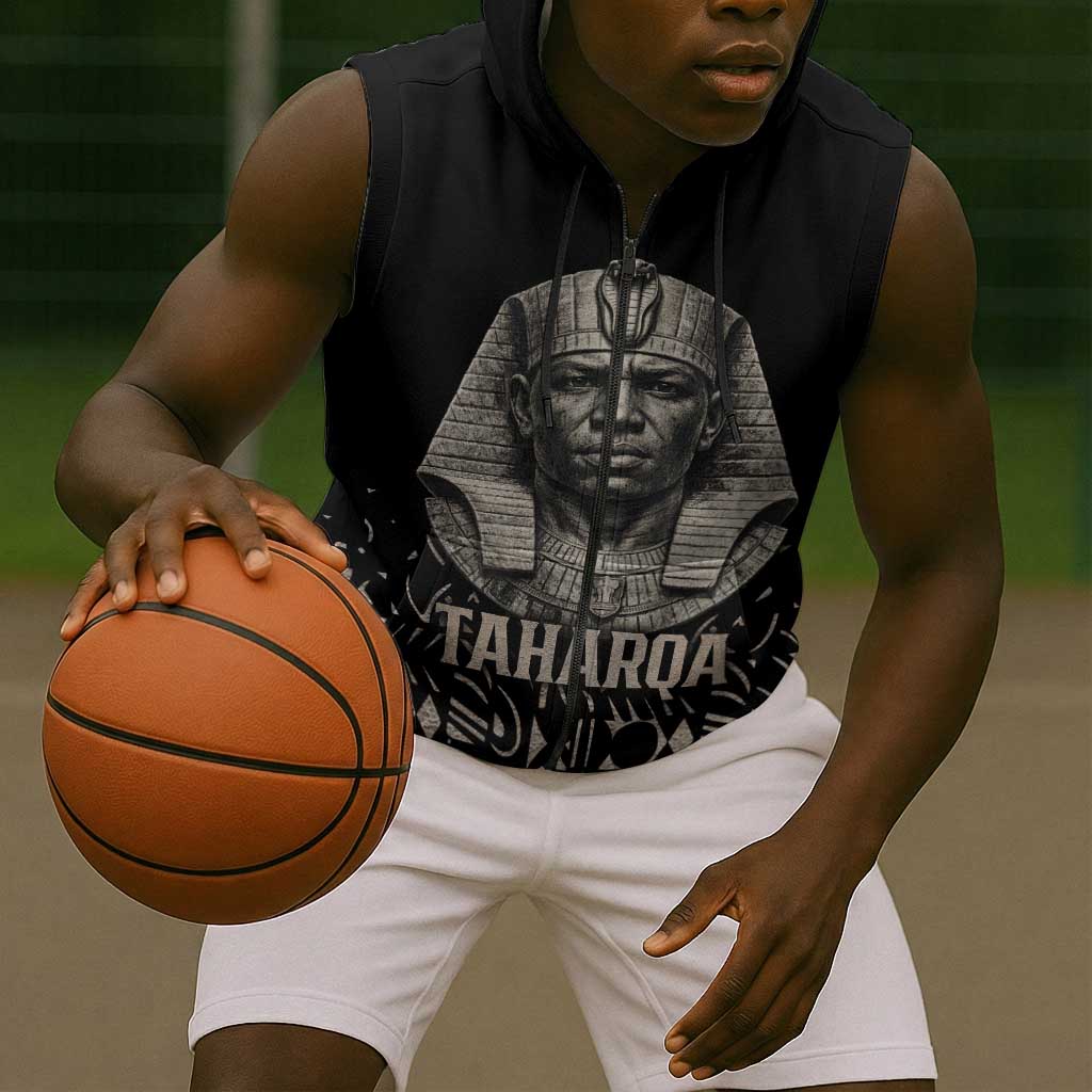 Taharqa Sleeveless Zip Hoodie with Black Pharaoh Portrait, 25th Dynasty of Egypt Text and Nubian-Inspired - African Pride