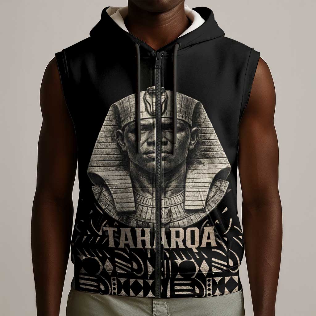 Taharqa Sleeveless Zip Hoodie with Black Pharaoh Portrait, 25th Dynasty of Egypt Text and Nubian-Inspired - African Pride