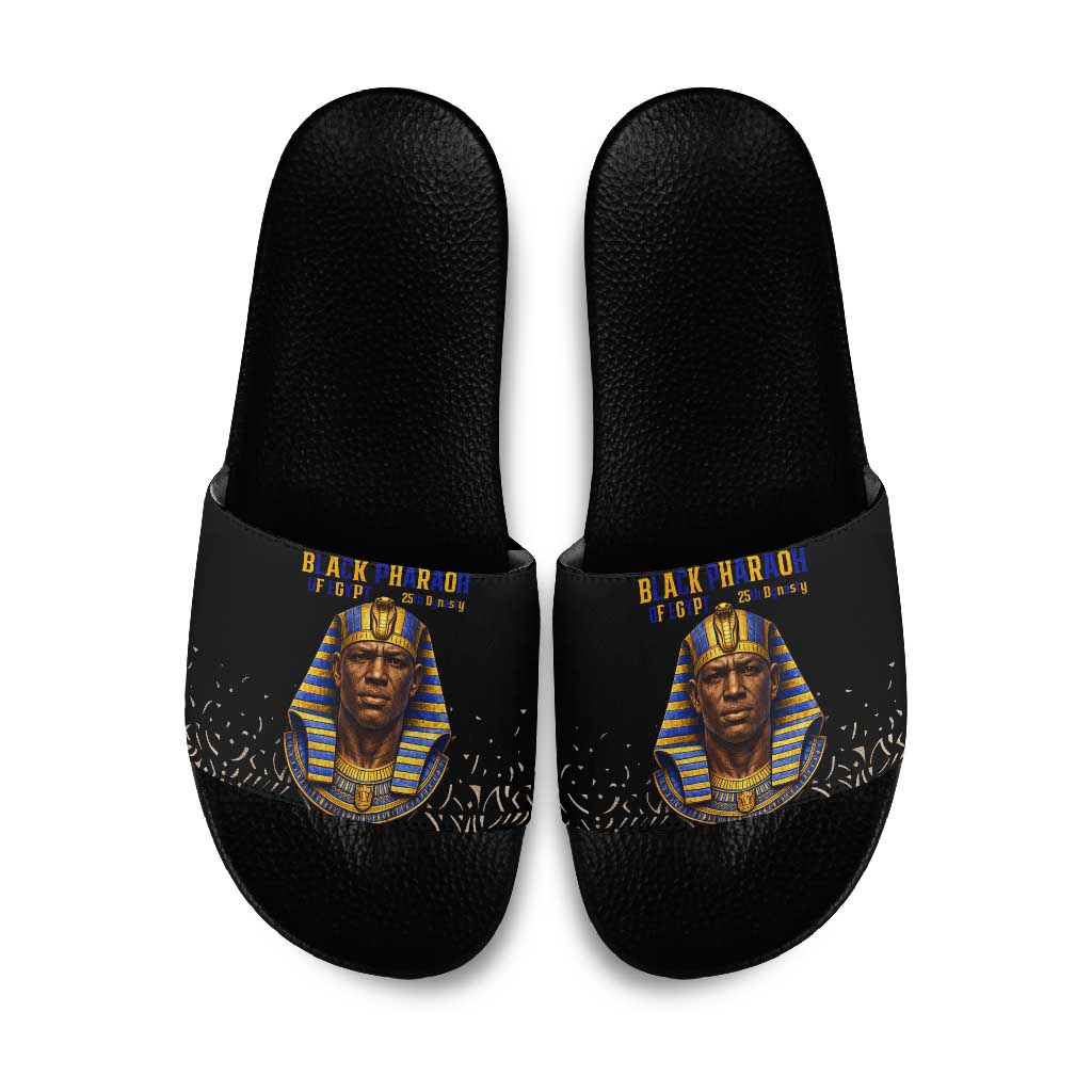 Taharqa Slide Sandals with Black Pharaoh Portrait, 25th Dynasty of Egypt Text and Nubian-Inspired - African Pride