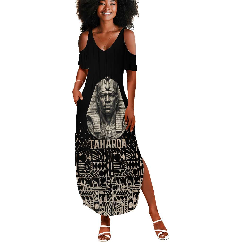 Taharqa Summer Maxi Dress with Black Pharaoh Portrait, 25th Dynasty of Egypt Text and Nubian-Inspired - African Pride